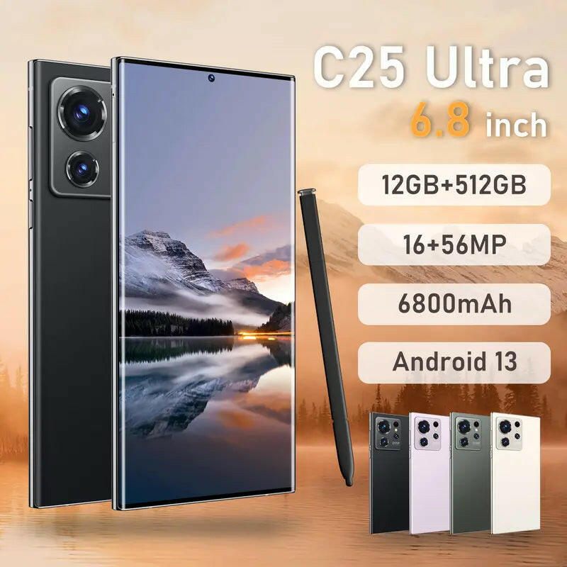 New Unlocked Phone, C25Ultra5G Smartphone with Stylus, Easy to Draw and Write, 16+56MP, 12+512GB, 6800Mah Battery, 6.8 Inch FHD+ Display, HD Camera, Personalized Camera, Convenient for Travel, Gps/Dual Sim, 6 Colors