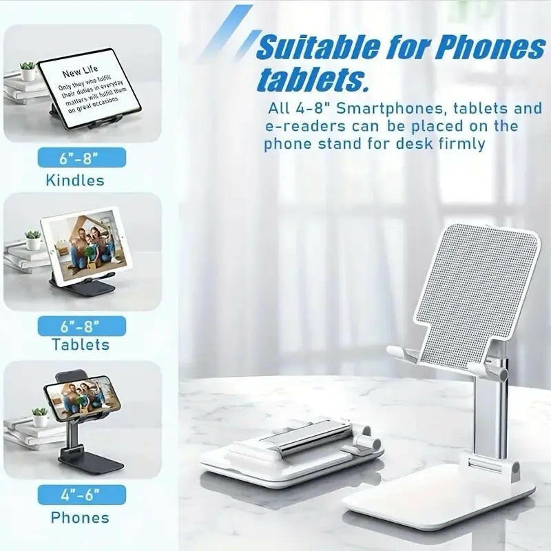 Cellphone Stand Holder, Height & Angle Adjustable Phone Holder with Soft Silicon Pad, Fully Foldable and Portable Phone Holder Compatible with All Mobile Phone/Tablet (White)